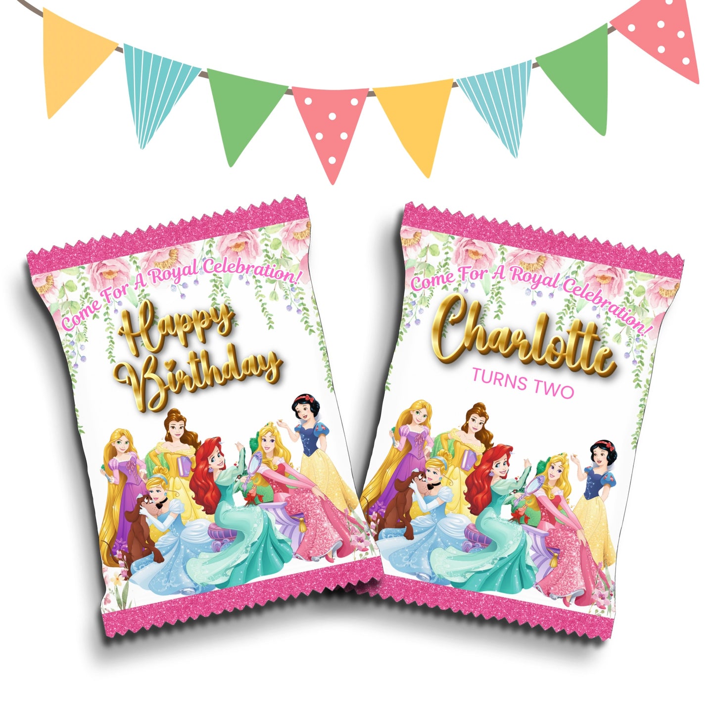 Personalised Crisps Packet | Princesses Design | Party Favours | Birthday Treat Bag (Pack of 10)