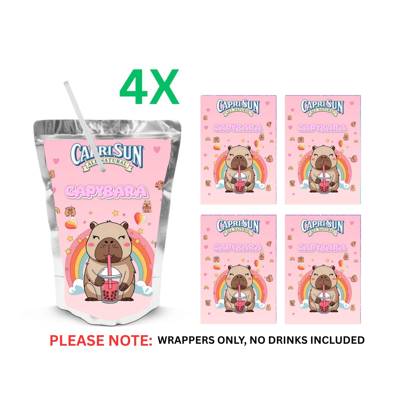 Capybara Capri-sun Wrappers | Waterproof Label Stickers | Birthday Theme (Pack of 4)