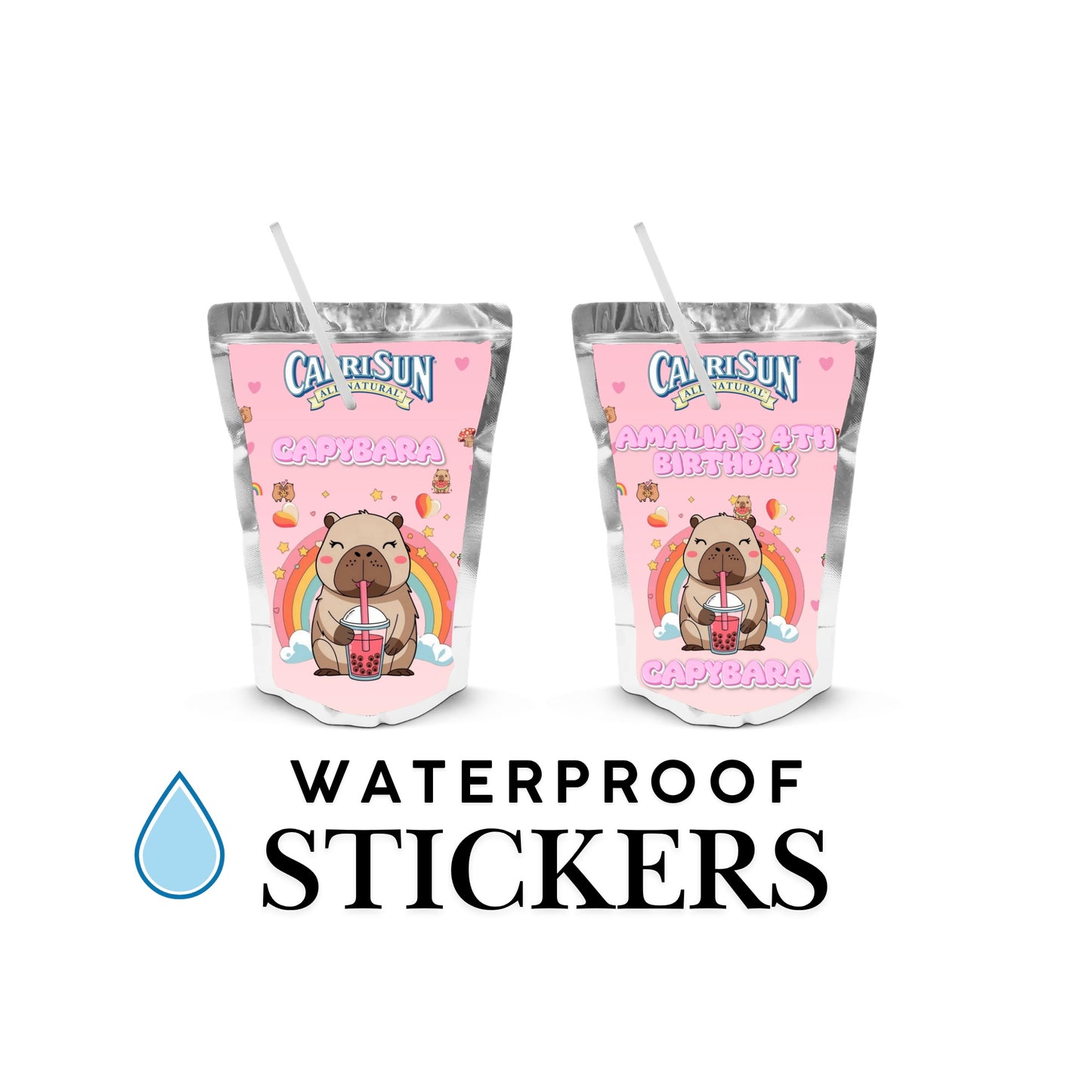 Capybara Capri-sun Wrappers | Waterproof Label Stickers | Birthday Theme (Pack of 4)