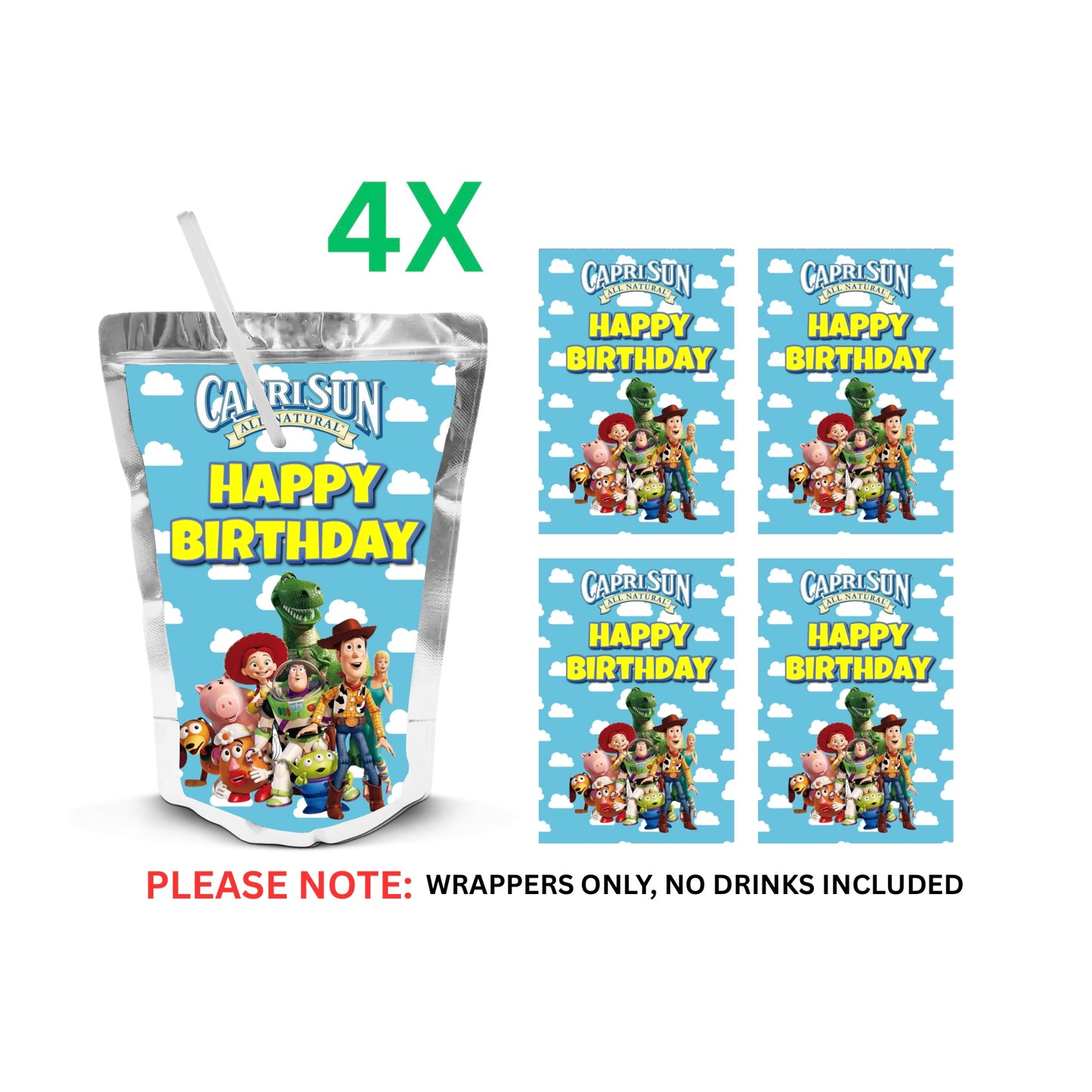 ToysTory Capri-sun Wrappers | Waterproof Label Stickers | Birthday Theme (Pack of 4)