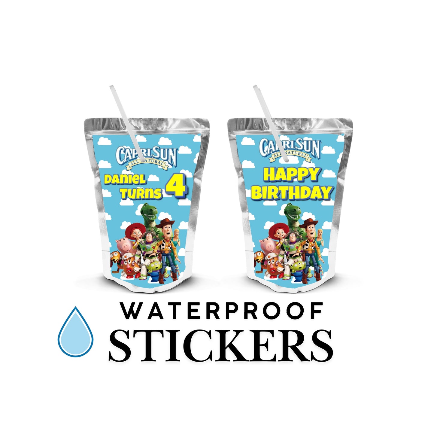 ToysTory Capri-sun Wrappers | Waterproof Label Stickers | Birthday Theme (Pack of 4)