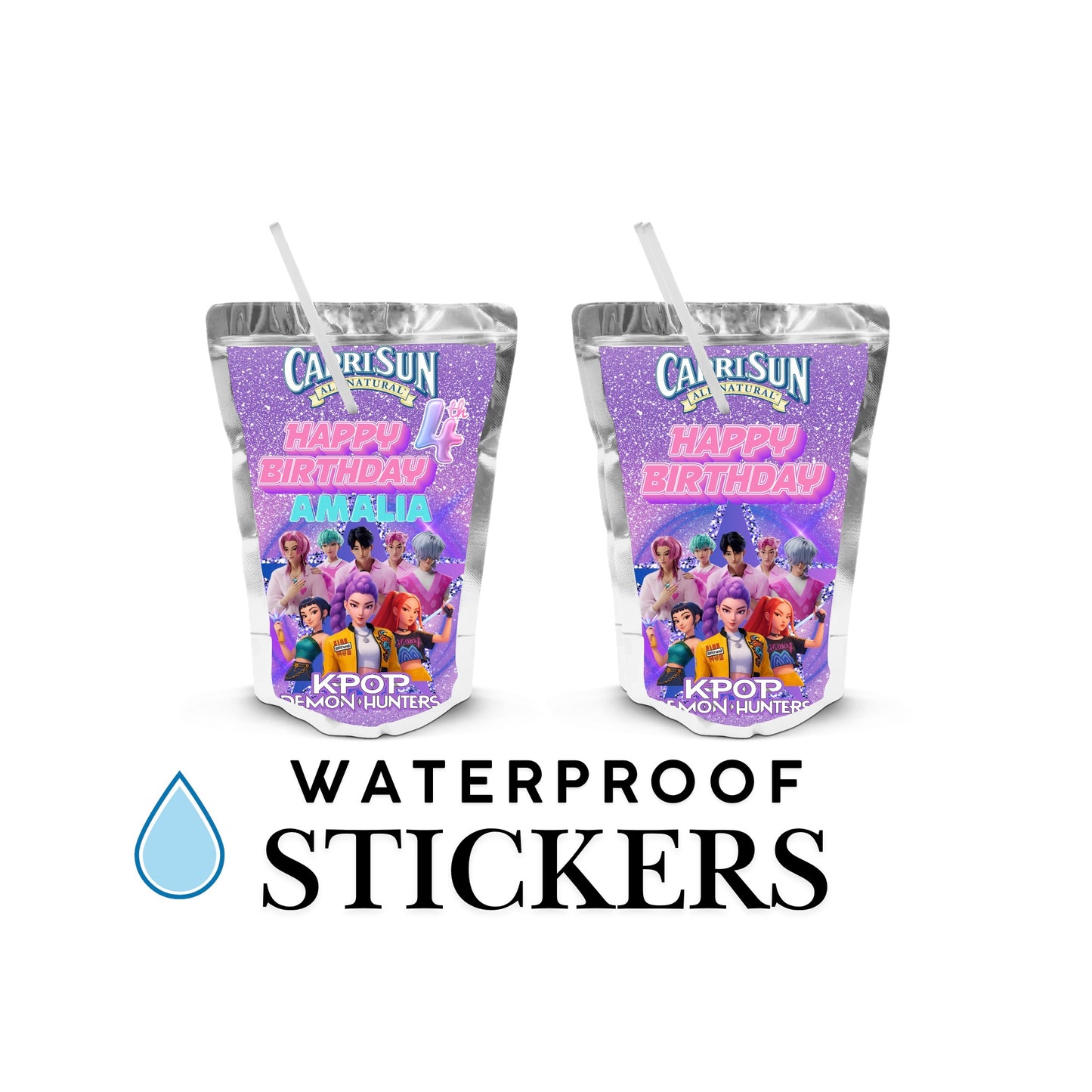 K-POP Huntrix Capri-sun Wrappers | Waterproof Label Stickers | Birthday Theme (Pack of 4)