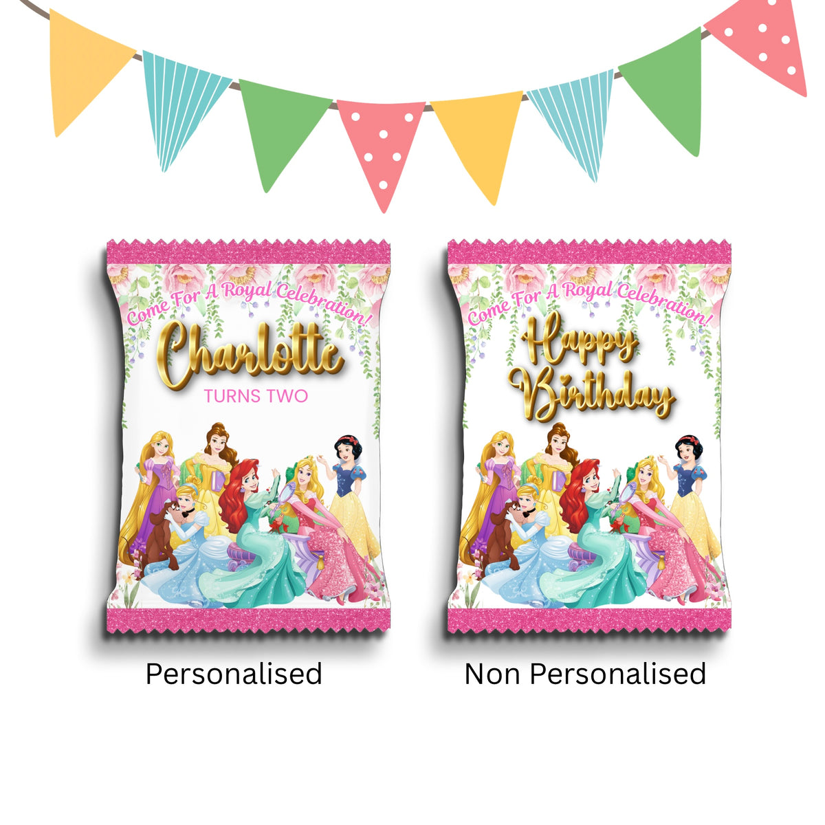 Personalised Crisps Packet | Princesses Design | Party Favours | Birthday Treat Bag (Pack of 10)
