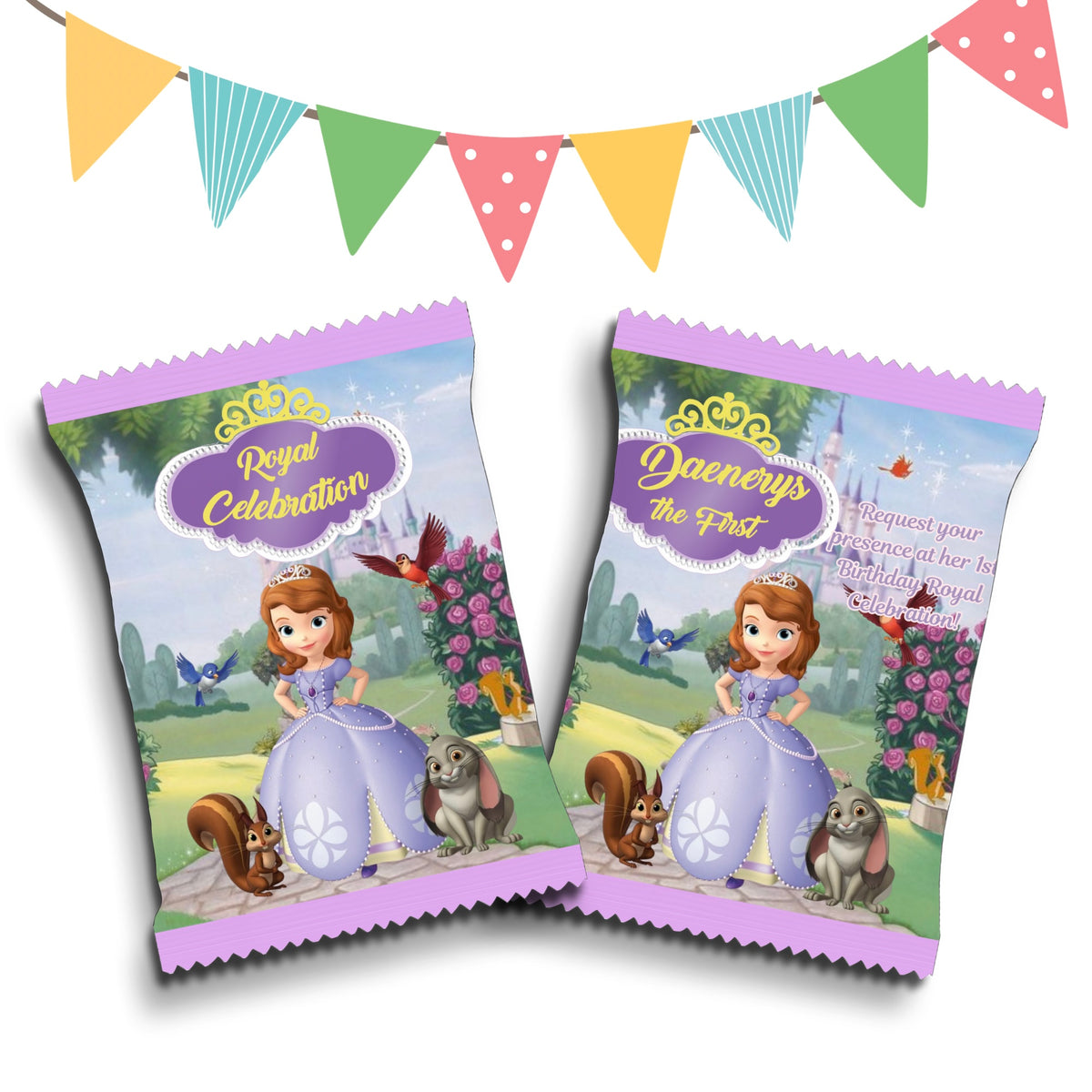 Personalised Crisps Packet | Sofia the first Design | Party Favours | Birthday Treat Bag (Pack of 10)