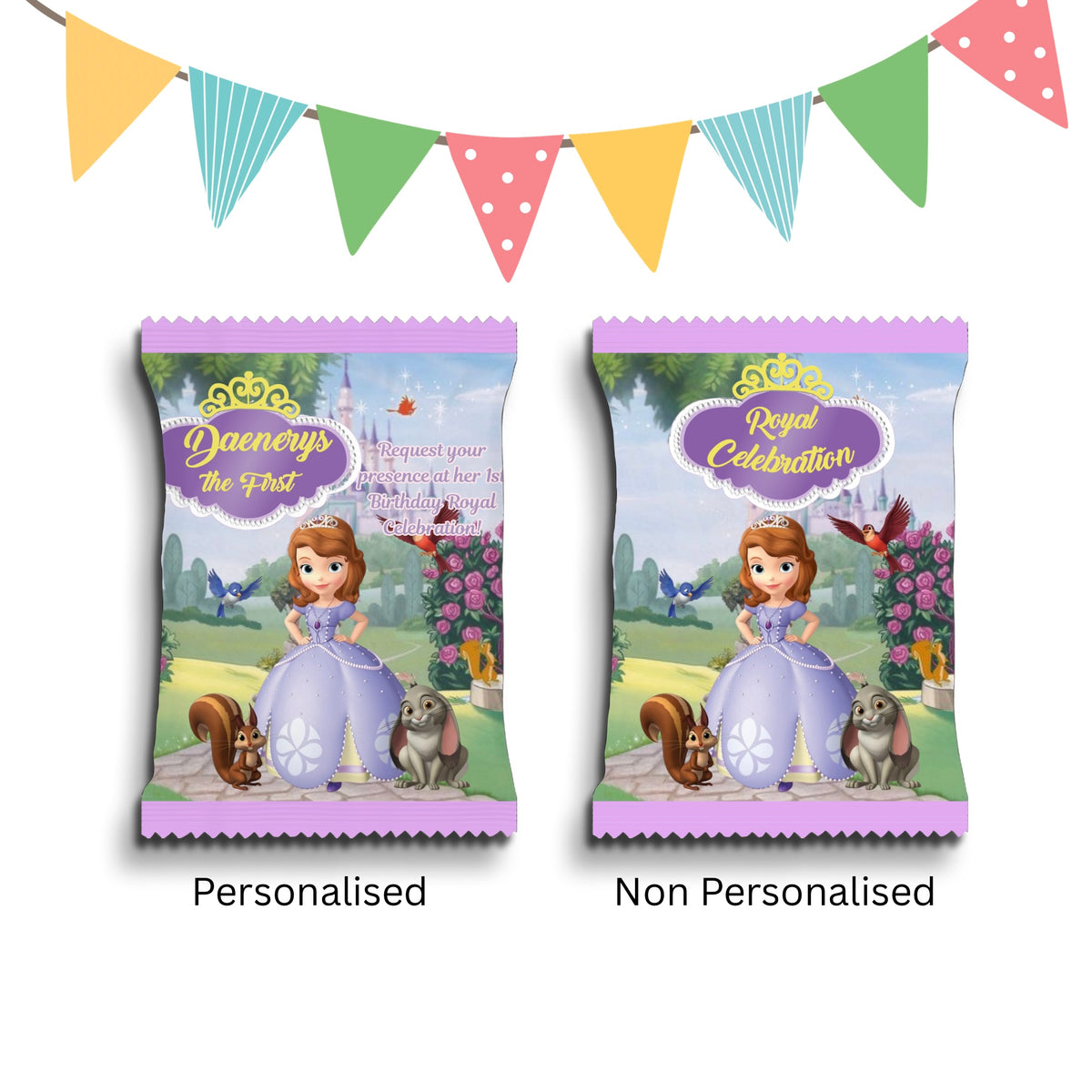 Personalised Crisps Packet | Sofia the first Design | Party Favours | Birthday Treat Bag (Pack of 10)