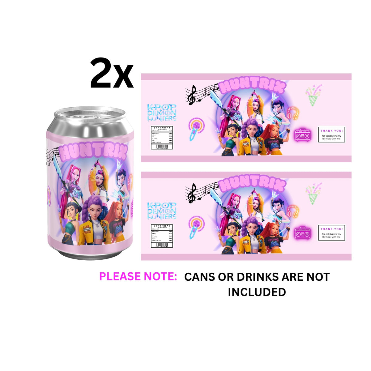 K-POP Huntrix Soda Can Wrappers | Waterproof Label Stickers | Birthday Party Upgrade (Pack of 2)
