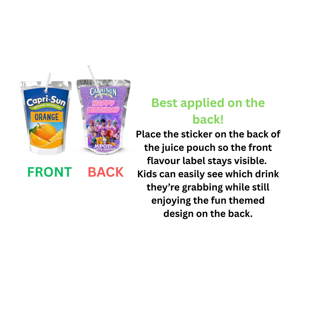 K-POP Huntrix Capri-sun Wrappers | Waterproof Label Stickers | Birthday Theme (Pack of 4)