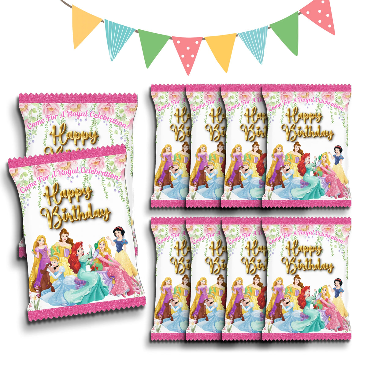 Personalised Crisps Packet | Princesses Design | Party Favours | Birthday Treat Bag (Pack of 10)