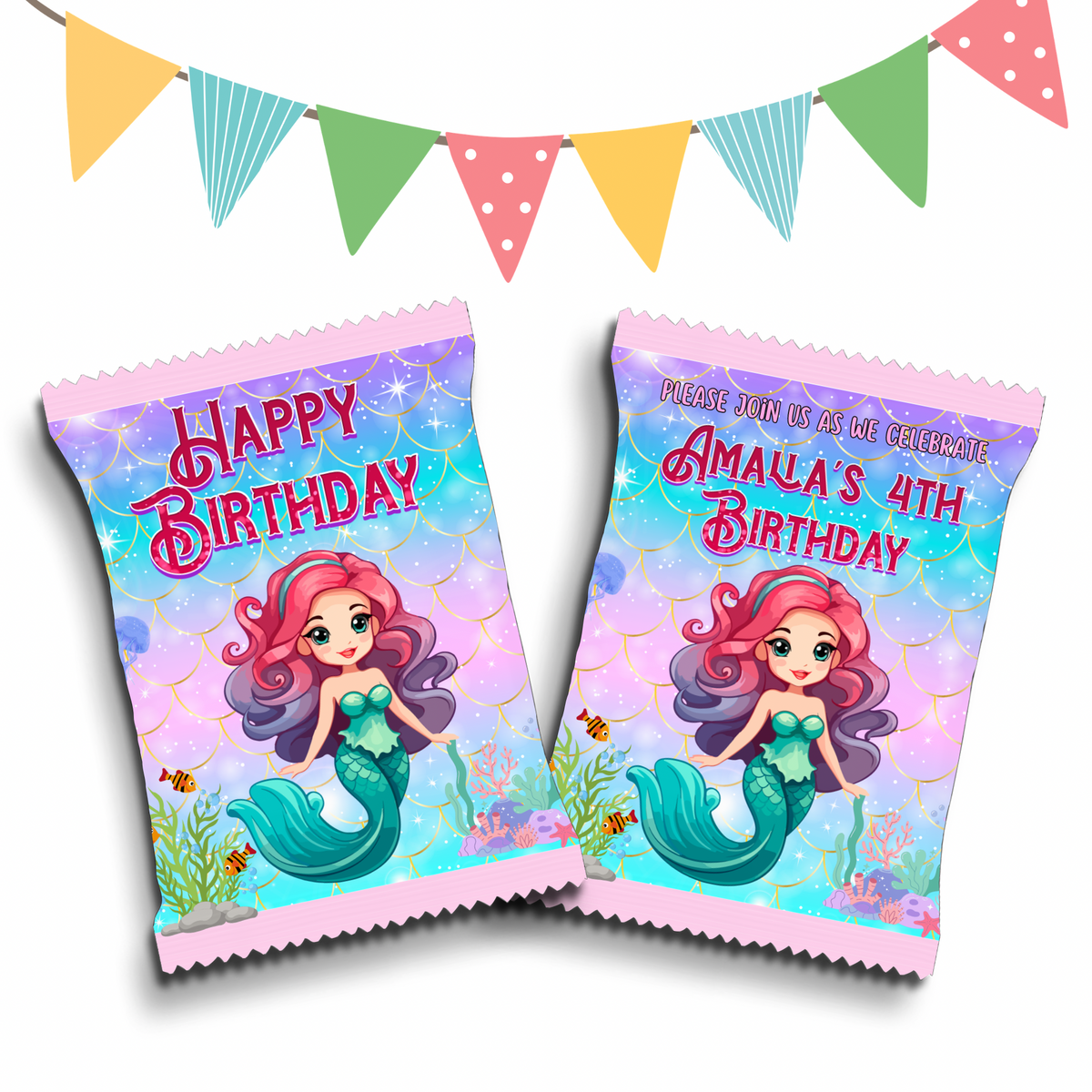 Personalised Crisps Packet | Mermaid Design | Party Favours | Birthday Treat Bag (Pack of 10)